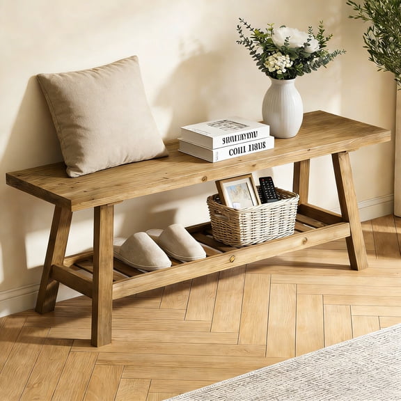 Hakunofo Dining Bench with Storage Shelf, Wood Entryway Bench, Gray, 43.31 x 11.81 x 17.13 in, for Entryway Bedroom Living Room, End of Bed Bench Shoe Bench, Indoor Storage Furniture