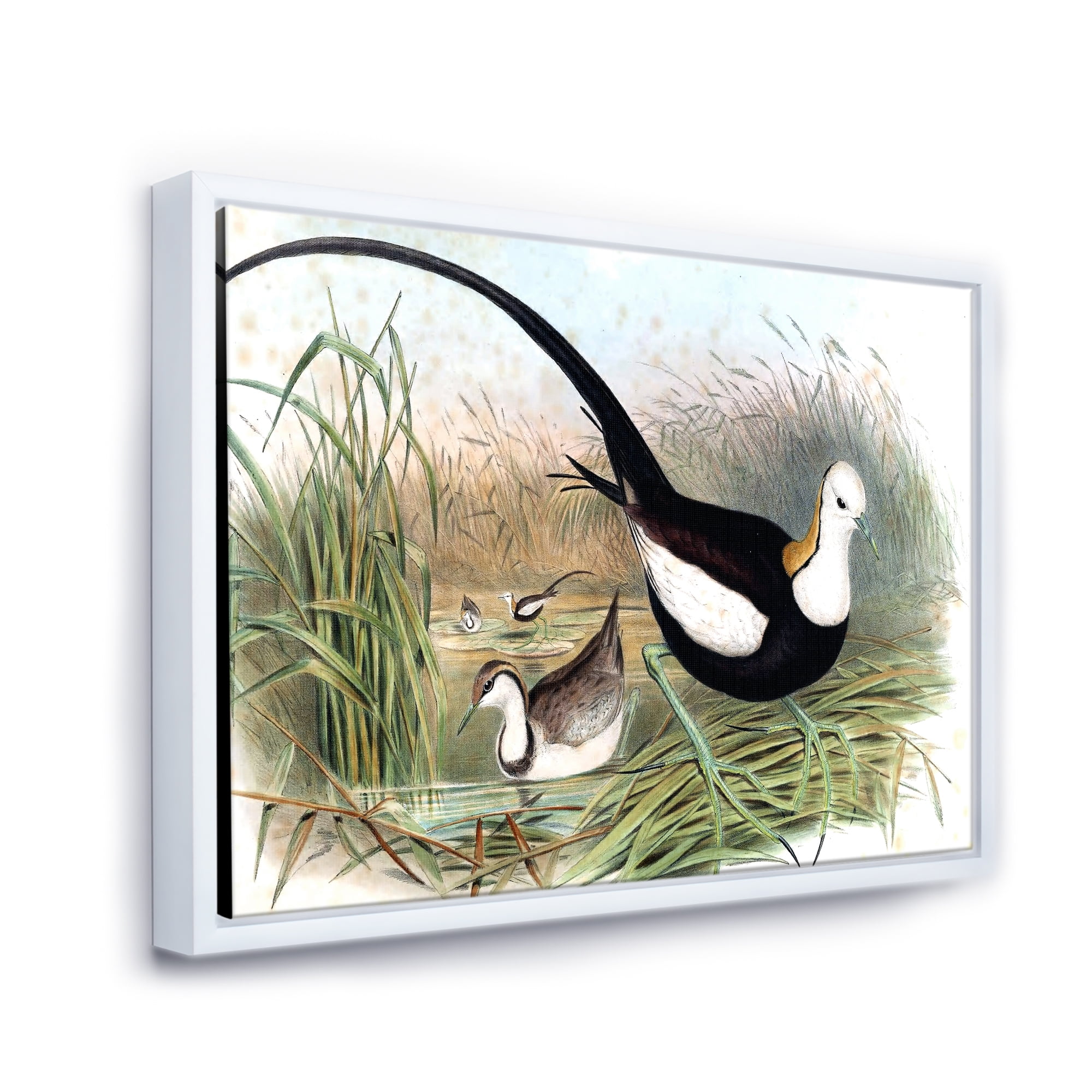 Vintage Countryside Birds In Lake 32 in x 24 in Framed Painting Canvas Art Print, by Designart