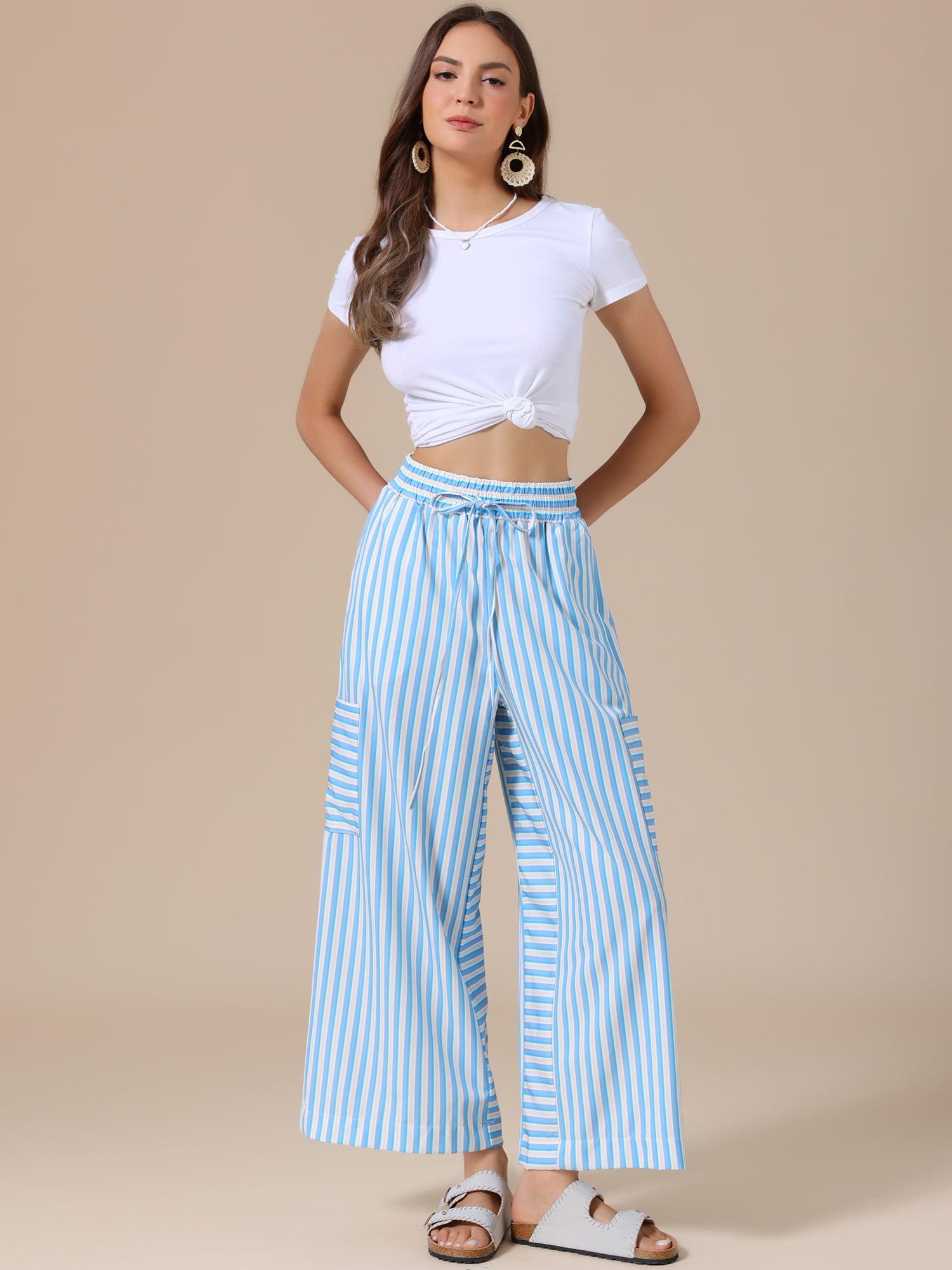 DARING DIVA Women's Striped Palazzo Lounge Pants X-Small Light Blue