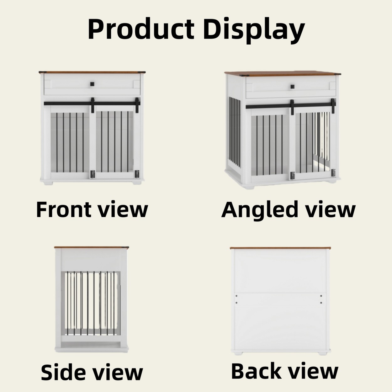 Dog Crate Furniture with Sliding Barn Door, Storage Drawer & Metal Bars, Heavy Duty Indoor Kennel End Table for Small & Medium Dogs, Brown white