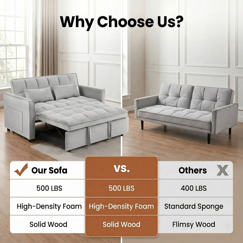 Gewnee 53" Sofa Bed, Convertible Sleeper Sofa & Pull Out Couch, 3-in-1 Velvet Loveseat with Adjustable Backrest and Storage Pocket, light gray
