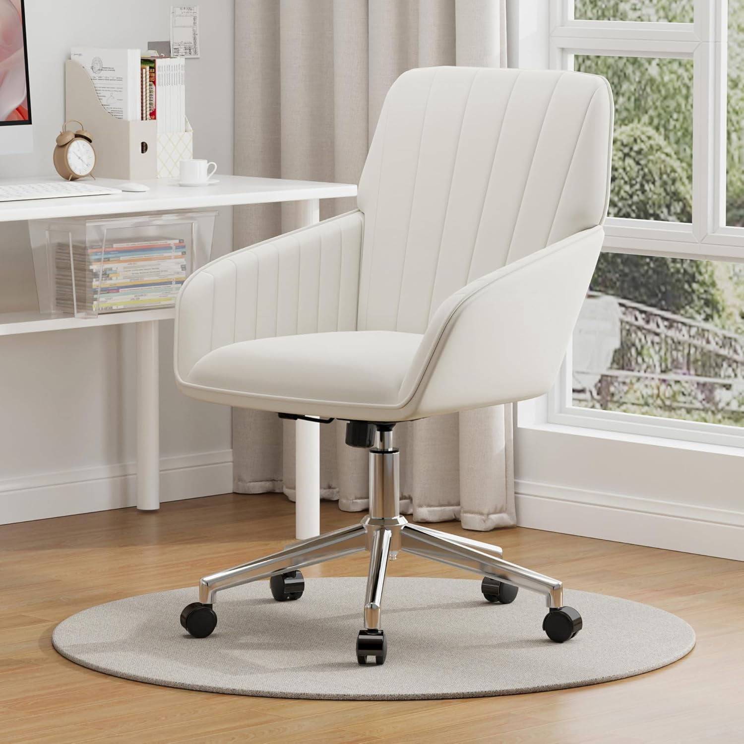 YWEN Velvet Office Desk Chair with Silver Base, with Wheels,Modern Height Adjustable 360 Degree Swivel Upholstered Vanity Chairs with Arms for Living Room Bedroom,Cream