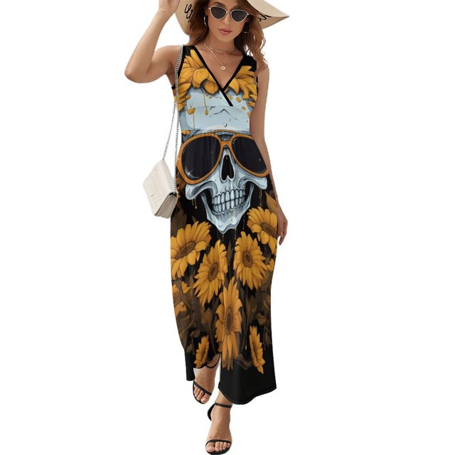 Vestido Largo Sin Mangas Para Mujer, Flower Cluster Skull Traje Informal Para Cumpleaños, Verano