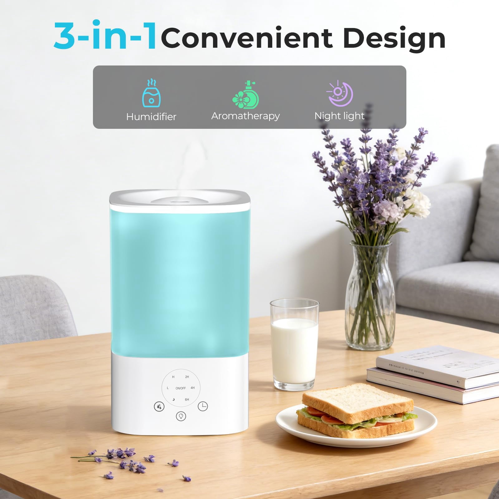 Auseo 3.2L Cool Mist Humidifier, Top fill Humidifier, 7 Color LED Light, 360°Nozzle & Quite Ultrasonic Humidifier, 40H Runtime, Tap to Operate