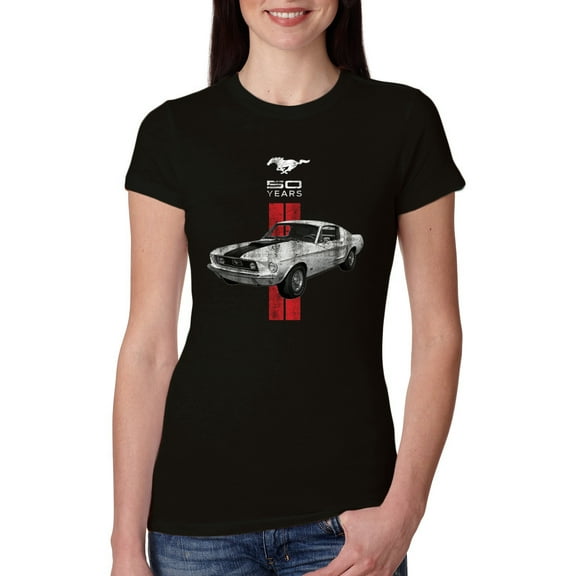 Wild Bobby, Ford Mustang 50 Years, Cars and Trucks, Women Slim Fit Junior Tee, Black, Small