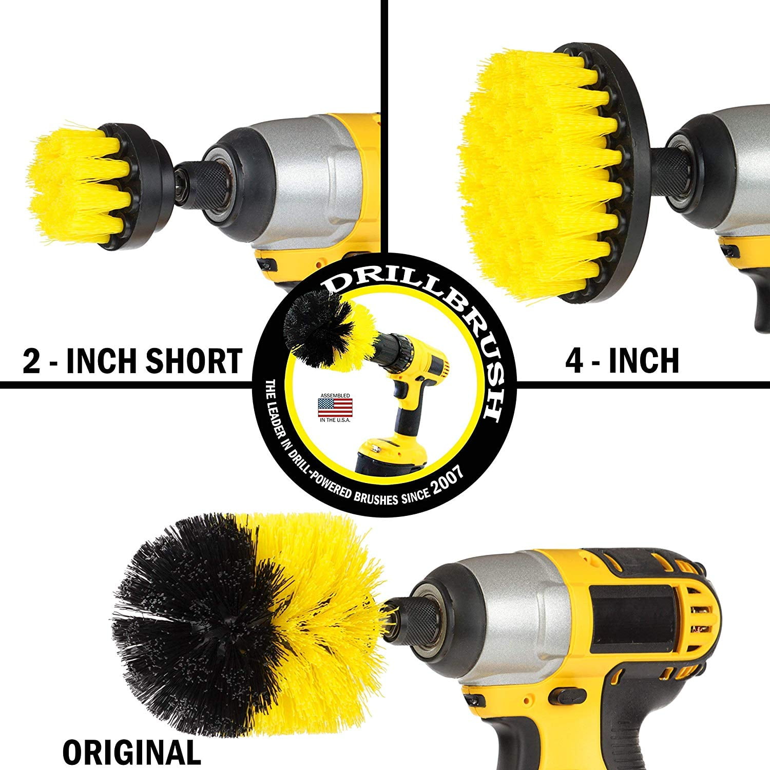 4in 3 Piece Soft, Medium and Stiff Power Scrubbing Brush Drill Attachment for Cleaning Showers, Tubs, Bathrooms, Tile, Grout, Carpet, Tires and Boats