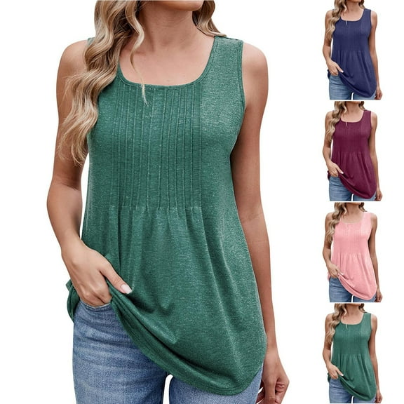 pstuiky Woman Tank Top, Women Solid Color Sleeveless Casual Tank Top Round Neck Loose Fit Oversized Tee for Summer Comfortable Breathable Lightweight Basic Shirt Dark Blue L