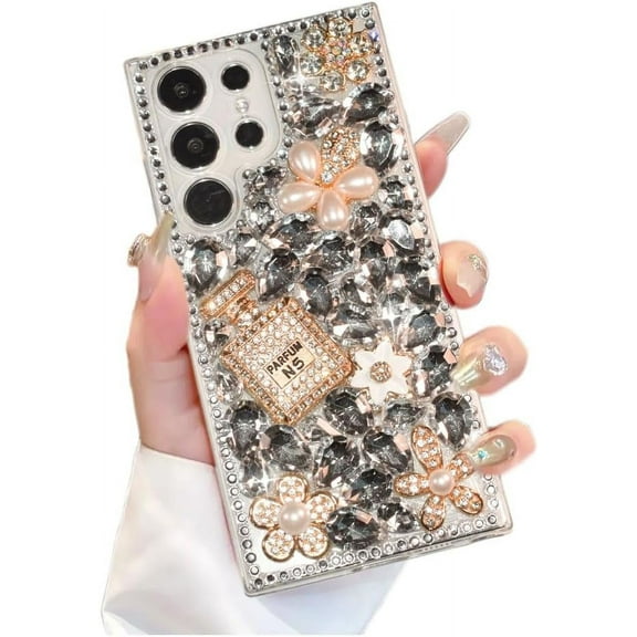 for Galaxy S23 Ultra Bling Case for Women Girl,3D Bling Shiny Rhinestone Diamond Crystal Perfume Bottle & Flower Soft Protective Anti-Fall Case for Galaxy S23 Ultra