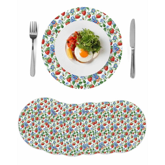 Strawberry Round 13 Inch Placemats Set of 6, Summer Botanical Blue Spring Floral HeatResistant Non Slip Place Mats for Dining Table, Wipeable Braided Kitchen Table Mats for Housewarming