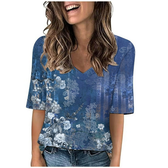 Teissuly 2024 Women's Fashion Tees Casual V-neck Loose Cute T Shirt 1/2 Sleeve Ladies Top