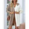 thumbnail image 5 of Women Fall and Winter Open Front Long Sleeve Hooded Knit Cardigan Color Block Outwear Coats Khaki & White XL, 5 of 9