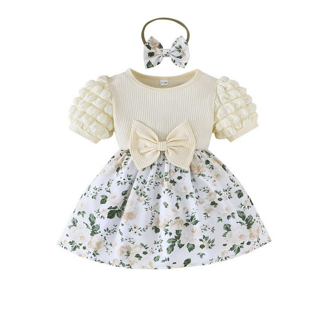 New Girls Floral Dress With Bow & Headscarf Spring Summer Two Piece Set For Baby