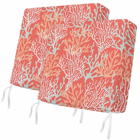 Outdoor Patio Cushion Covers 2 Pack Red Orange Coral Chair Pads Slipcovers with Ties & Zipper Waterproof Seat Cover Nautical Coastal Marine Life Seat Cushion Covers for Outdoor Couch Sofa 24x24 Inch