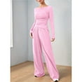 thumbnail image 5 of Women's 2 Piece Matching Lounge Set Long Sleeve Boat Neck Top Wide Leg Pants Casual Sweatsuit Pink S, 5 of 9