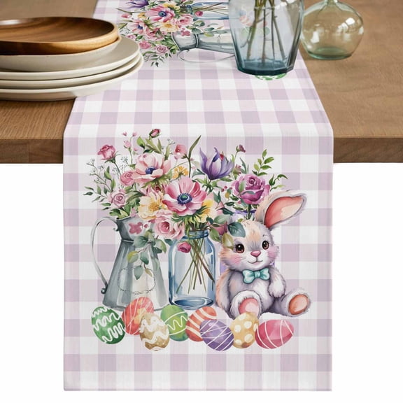 Table Runner 60 Inches Long for Kitchen Dining, Spring Easter Dresser Scarf Farmhouse, Dining Table Decorations for Wedding/Parties, Watercolor Floral Rabbits Eggs Purple Plaid 13 x 60 In