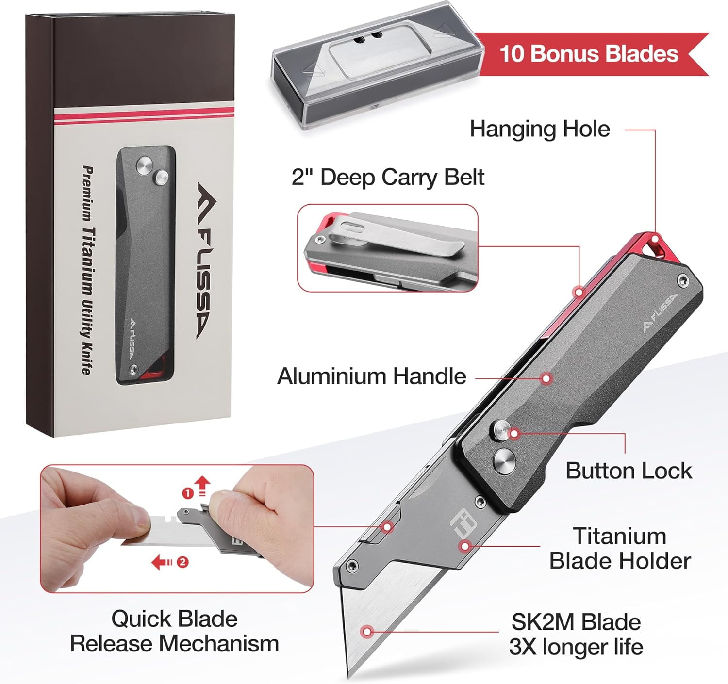 FLISSA Advanced Titanium Utility Knife, CNC Unibody, Lightweight All Metal Folding Box Cutter, Quick Change Blade Razor Knife, with 10 Extra Blades