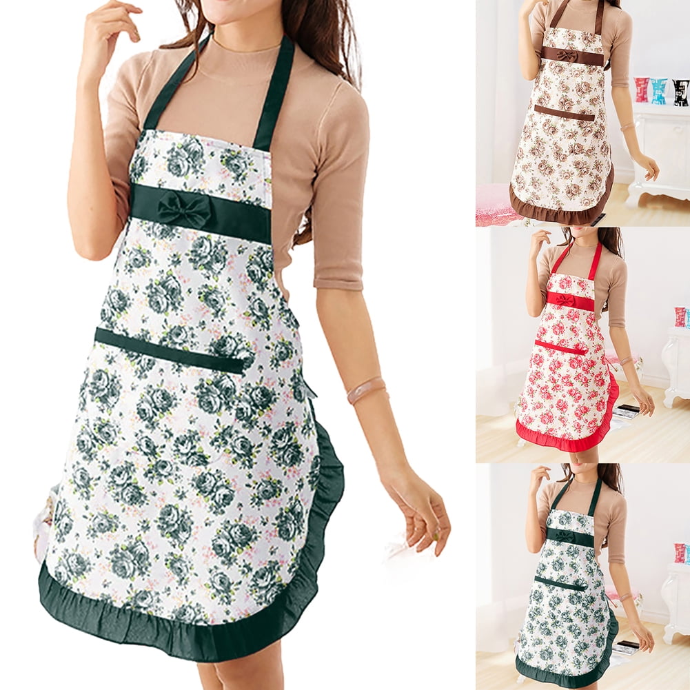 US Woman Long Sleeve Aprons Floral Oversized Kitchen Dining Bar Apron Pinafore 