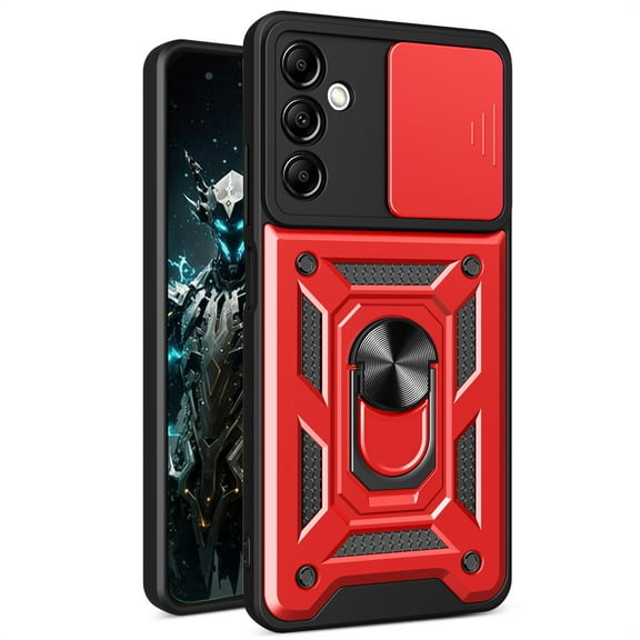 CSmaller for Samsung Galaxy A15 Case with Slide Camera Cover for Men, Military Grade Drop Proof Phone Cover with Rotate Ring Kickstand Lens Protection Case for Samsung Galaxy A15 SJ Red