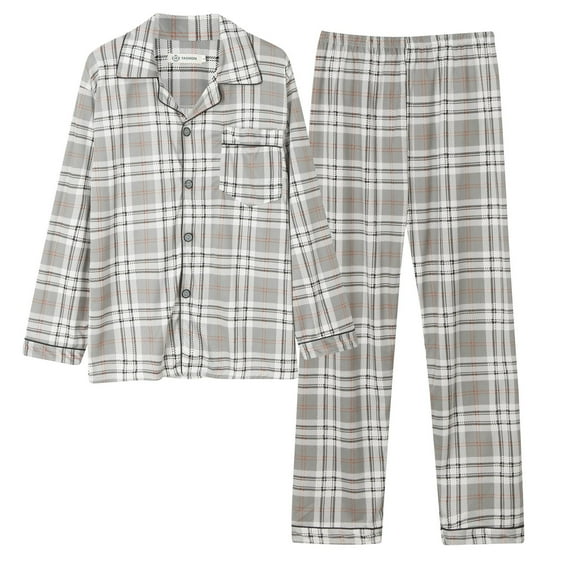Caqnni Men's 100% Cotton Super Soft Flannel Plaid Pajama Set with Drawstring Pockets Fall Wintet Pajamas Set (A05-Black,L)