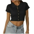 thumbnail image 2 of Yuwull Women's Crop Top Casual Turndown Collar Buttons-down Short Sleeve Solid Color Ribbed Blouse T-shirt Basic V-Neck Tops Black, 2 of 6