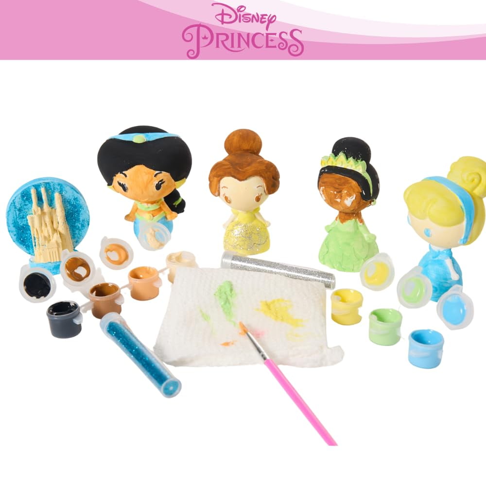 Disney Princess DIY Paint Your Own Figurines Arts and Crafts Set for Girls, Paint, Paint Brush, and Glitter – Cinderella, Belle, Tiana, Jasmine, and Princess Castle
