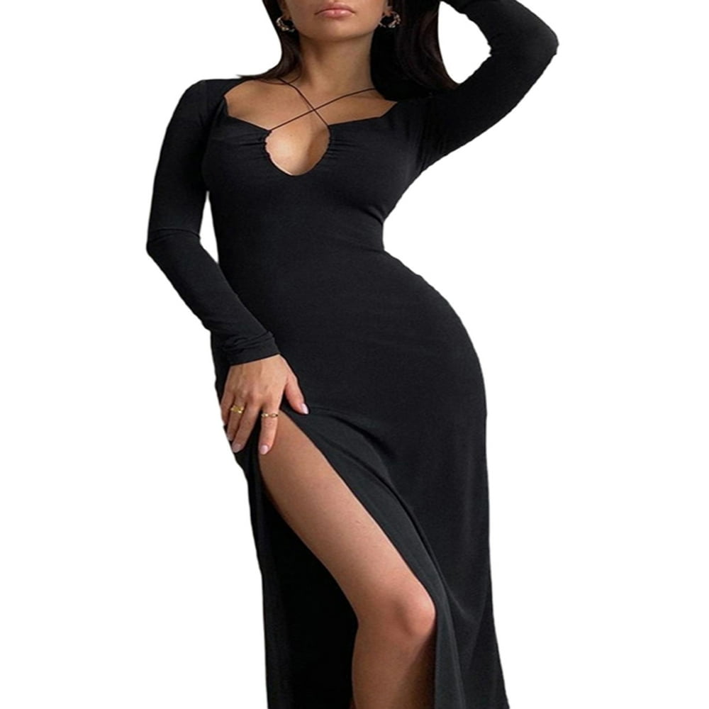 Robe Moulante Sexy pour Femmes Noire Manches Longues Fendue sur le