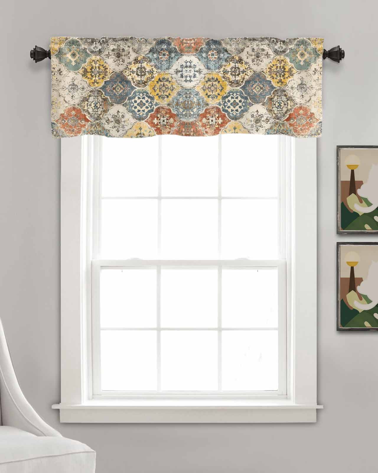 Vintage Boho Kitchen Valances for Windows Farmhouse Linen Window Valance Curtain for Living Room Window Treatment Chic Farmhouse Neutral Morocco Geometric Valance Rod Pocket Topper, 60 x 18 Inch