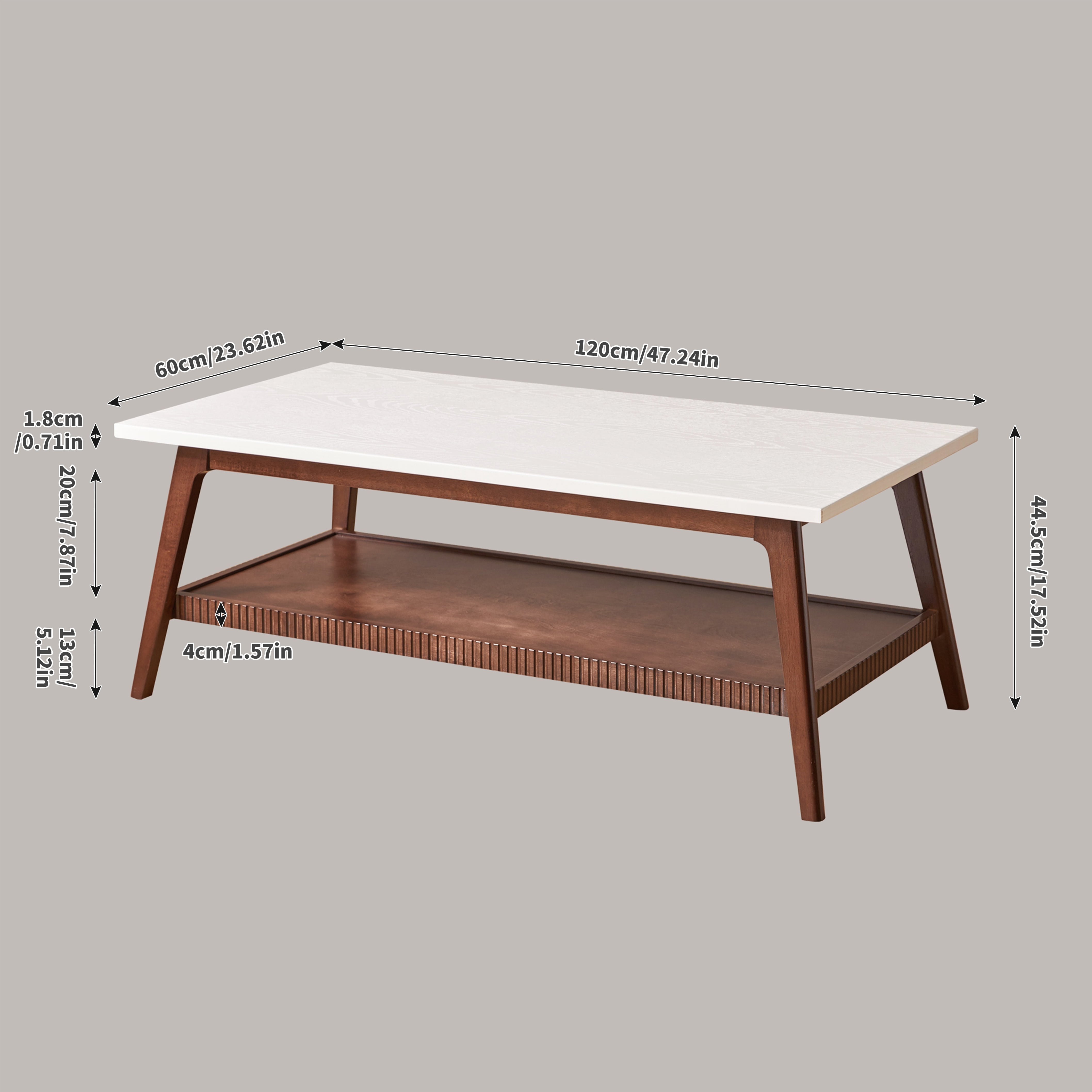 Garitin Coffee Table and Mid Century Modern Center Table 47.24 Inch, Two Tone Wooden Cocktail Table with Lower Storage Shelf for Living Room, Walnut and White
