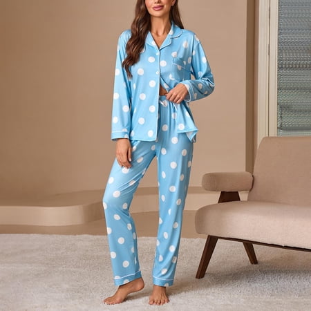 SYMOID Print Women Pajama Sets Long Sleeve Womens Pants Sets Pajama Blue Size M
