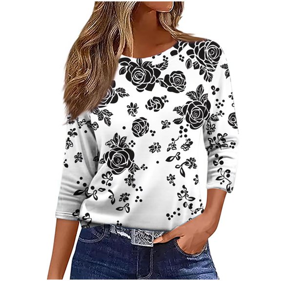 Cilsoka Trendy Shirts for Women Y2k, 3/4 Length Sleeve Floral Printed Shirts Women's Casual 3/4 Sleeve T-Shirts 2026Round Neck Tunic Tops Cute Basic Tees, Floral Print Tshirts