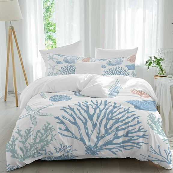 Summer Ocean Life Duvet Cover Set Queen Size Marine Coral Starfish Lines Soft Lightweight Comforter Covers 4 Piece Bedding Set with 1 Duvet Cover 1 Bed Sheet & 2 Pillow Shams