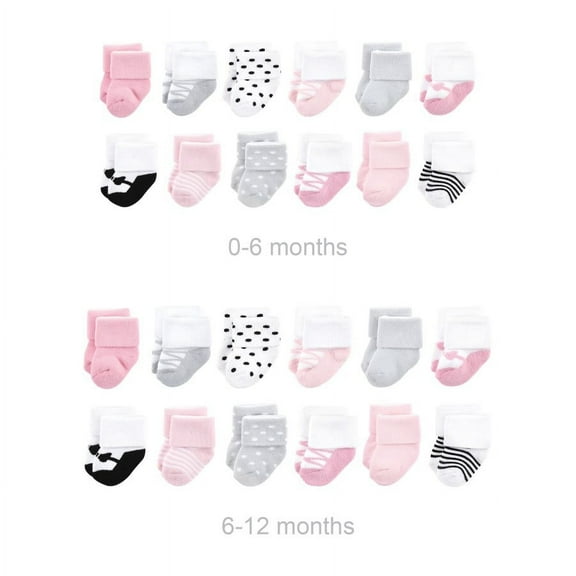 Luvable Friends Infant Girl Grow with Me Cotton Terry Socks, Pink Black Ballet, 0-6 and 6-12 Months