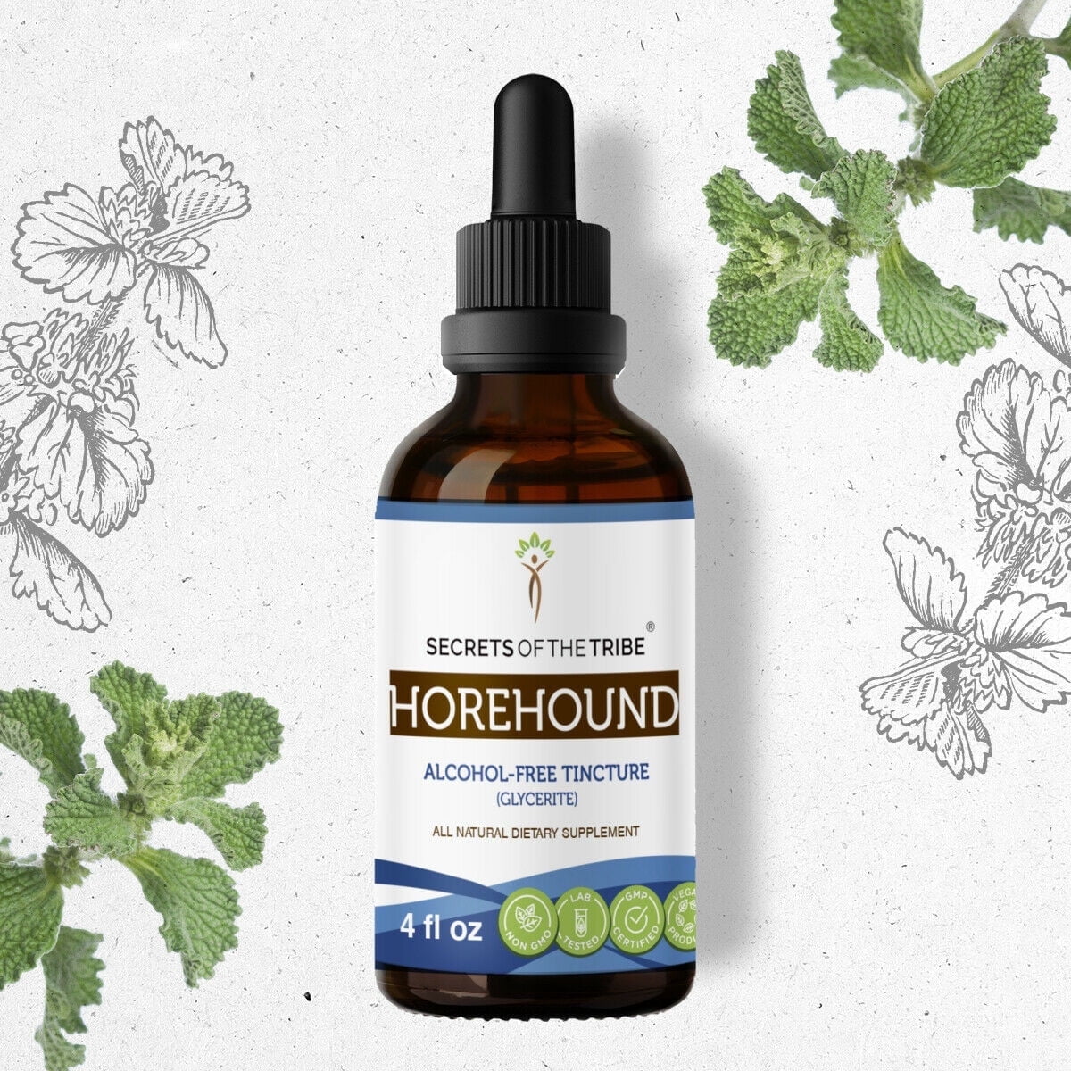 Secrets Of The Tribe Horehound Tincture Dietary Supplement, Natural Herbal Extract for Respiratory Health Support, Horehound (Marrubium vulgare) Dried Herb, Alcohol-Free Extract, Drops 4 oz
