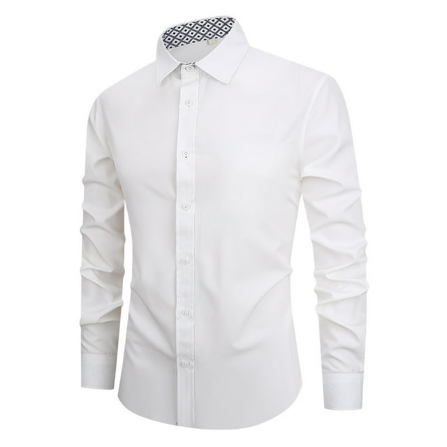 RXIRUCGD Homme Décontracté Uni à Boutons Manches Longues Col Rabattu Hauts Blouse Chemise, Blanc, Taille : 2TG
