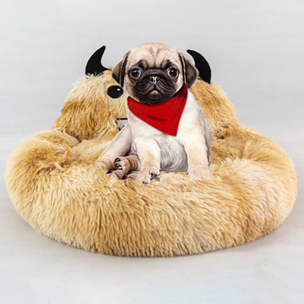 PureCasa Semi-Enclosed Cute Dog Cat Bed for Fall Winter, Comfortable Long Plush Fluffy Pet Pad House Thermal Kennel, Creative Sleeping Cushion Pads for Small Cats Dogs, Round, 1 Pack, L, Brown