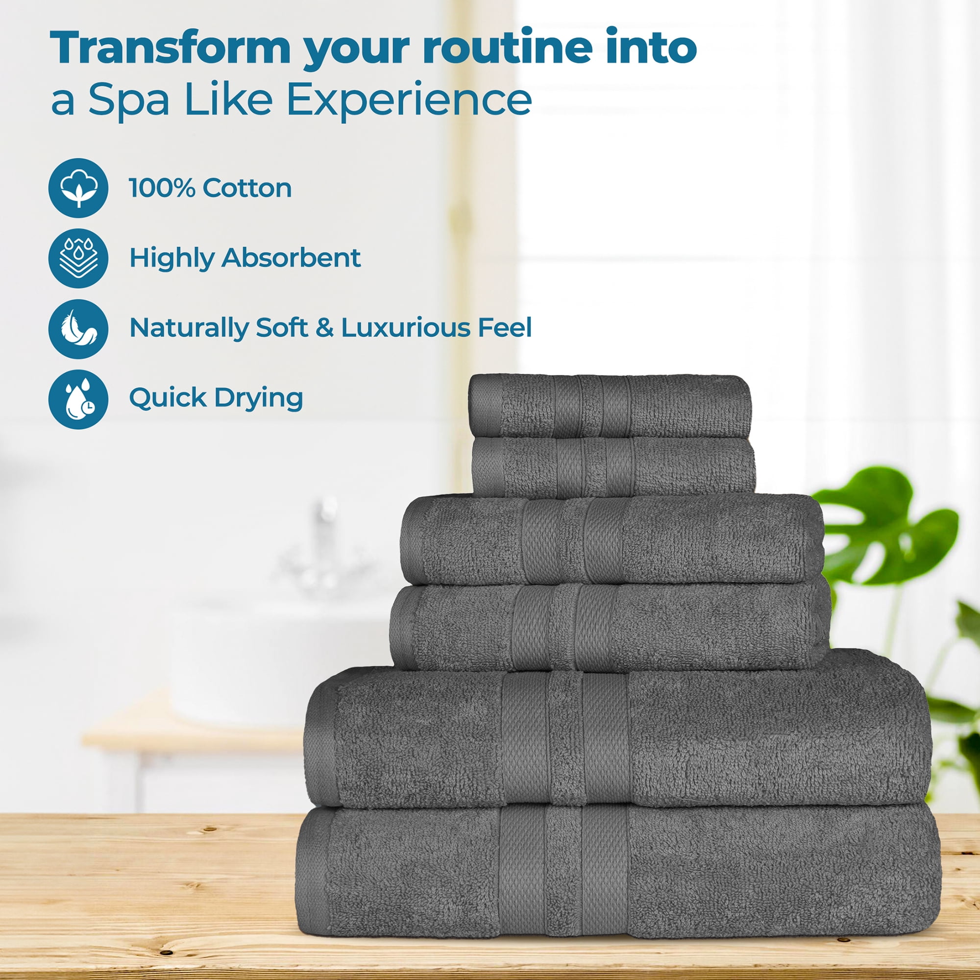 Superior Ultra Soft Cotton Solid 6-Piece Towel Sets, Charcoal