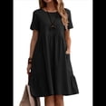 thumbnail image 1 of Vestido Camisero de y Algodón de Verano para Mujer, Informal, Holgado, con Cuello Redondo, Corta, Midi y Bolsillos Negro M, 1 of 7