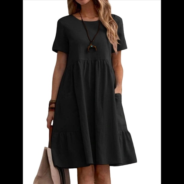 Vestido Camisero de y Algodón de Verano para Mujer, Informal, Holgado, con Cuello Redondo, Corta, Midi y Bolsillos Negro L