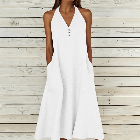 Neewe Women Summer Midi Dresses Plain Halter Neck Sleeveless Casual Loose Swing Button Down with Pockets