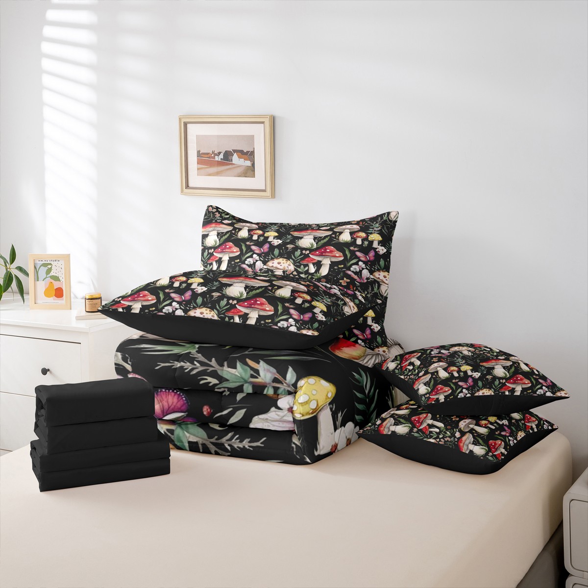 Homewish Kawaii Pink Butterfly 7-Piece King Bedding Set Red Mushroom Rustic Floral Breathable Reversible Decor For Teens