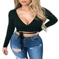 thumbnail image 2 of Femmes Sexy Slim Crop Tops Profonde V-Cou avant à Lacets Chemise de Base, 2 of 7