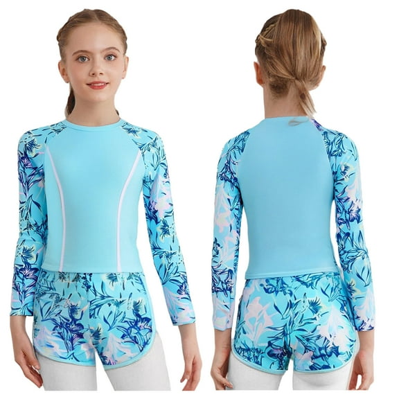 YUUMIN Kids Girls 2Pcs Upf 50 Rash Guard Sets Floral Swim Top with Shorts Athletic Swimsuits Blue 90