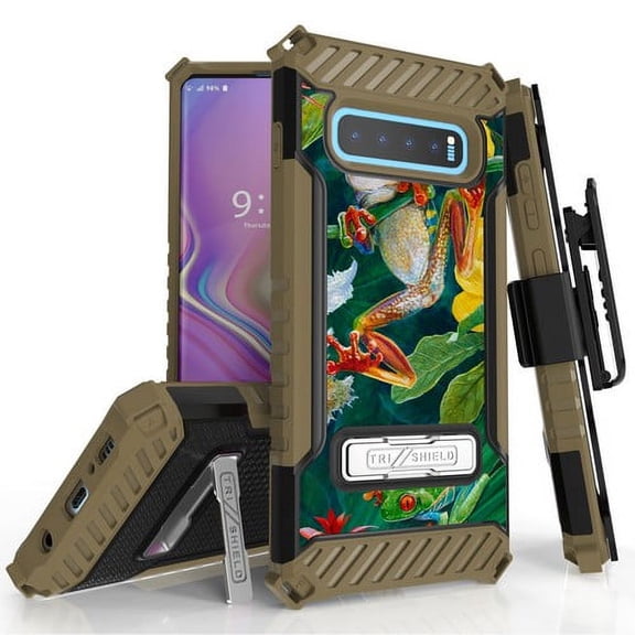 Galaxy S10 Plus (SM-G975) Case, TRISHIELD Rugged Cover With   [Belt Clip Holster]   [Built in kickstand] For Samsung Galaxy S10 Plus - Frogs Wild