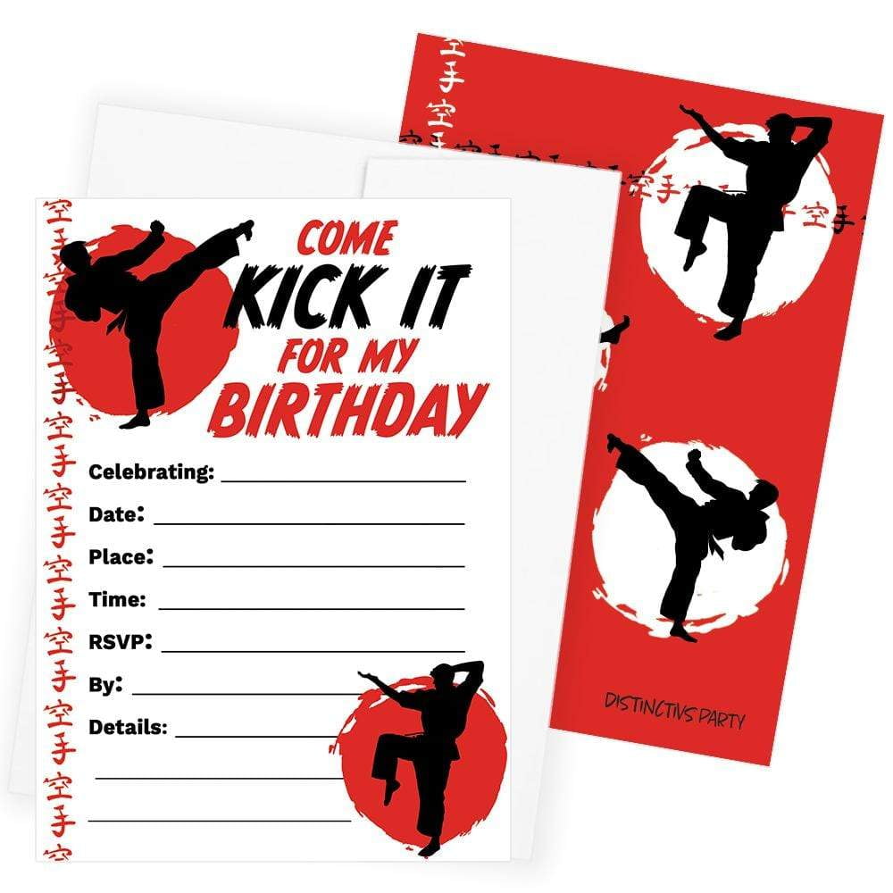 Red and Black Karate Birthday Party Invitations -Jump, Kick, Block - 10 Cards with Envelopes - Distinctivs