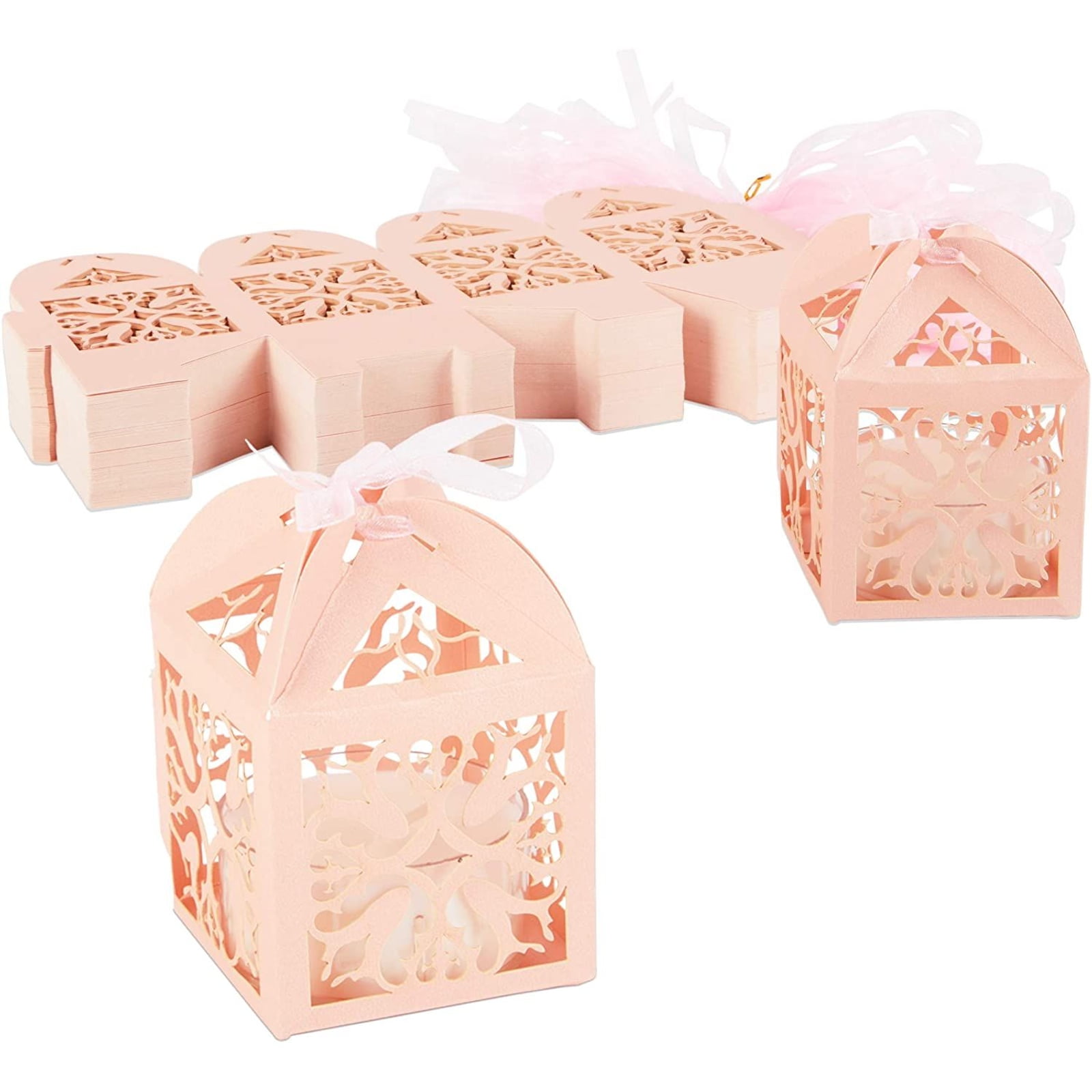 50PCS Wedding Party Candy Box Laser Cut Favors Gift Paper Bag Box Ribbon 