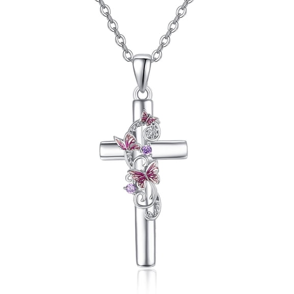 TANGPOET Cross Necklace 925 Sterling Silver Butterfly Pendant for Women