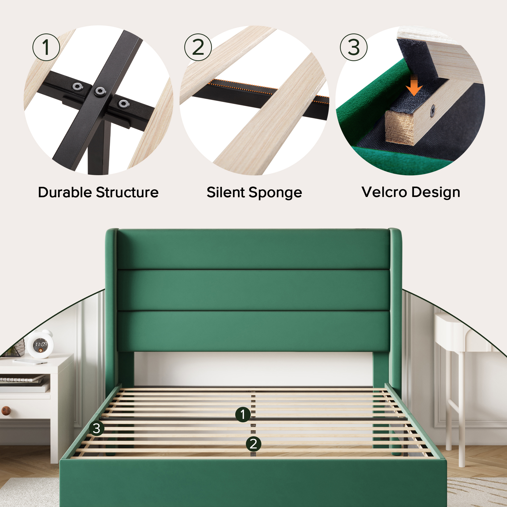 Einfach Full Size Luxury Velvet Upholstered Platform Bed Frame with Wingback Headboard, Green