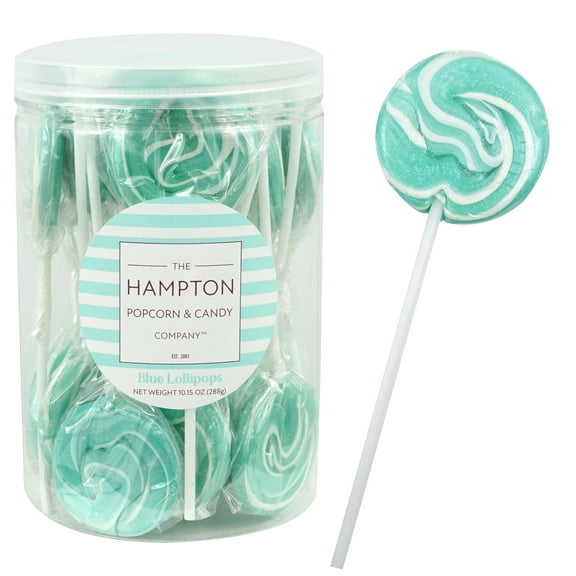 Aqua Light Blue Lollipops, 24 Pack, Blue Suckers, Blue Lollipops Individually Wrapped, Blue Lollipop Suckers Bulk, The Hampton Popcorn & Candy Company