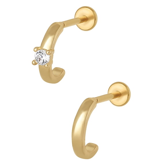 No Boundaries Women's Gold-Tone Stainless Steel Half Hoop Flatback Cartilage Earrings Set, 2-Piece