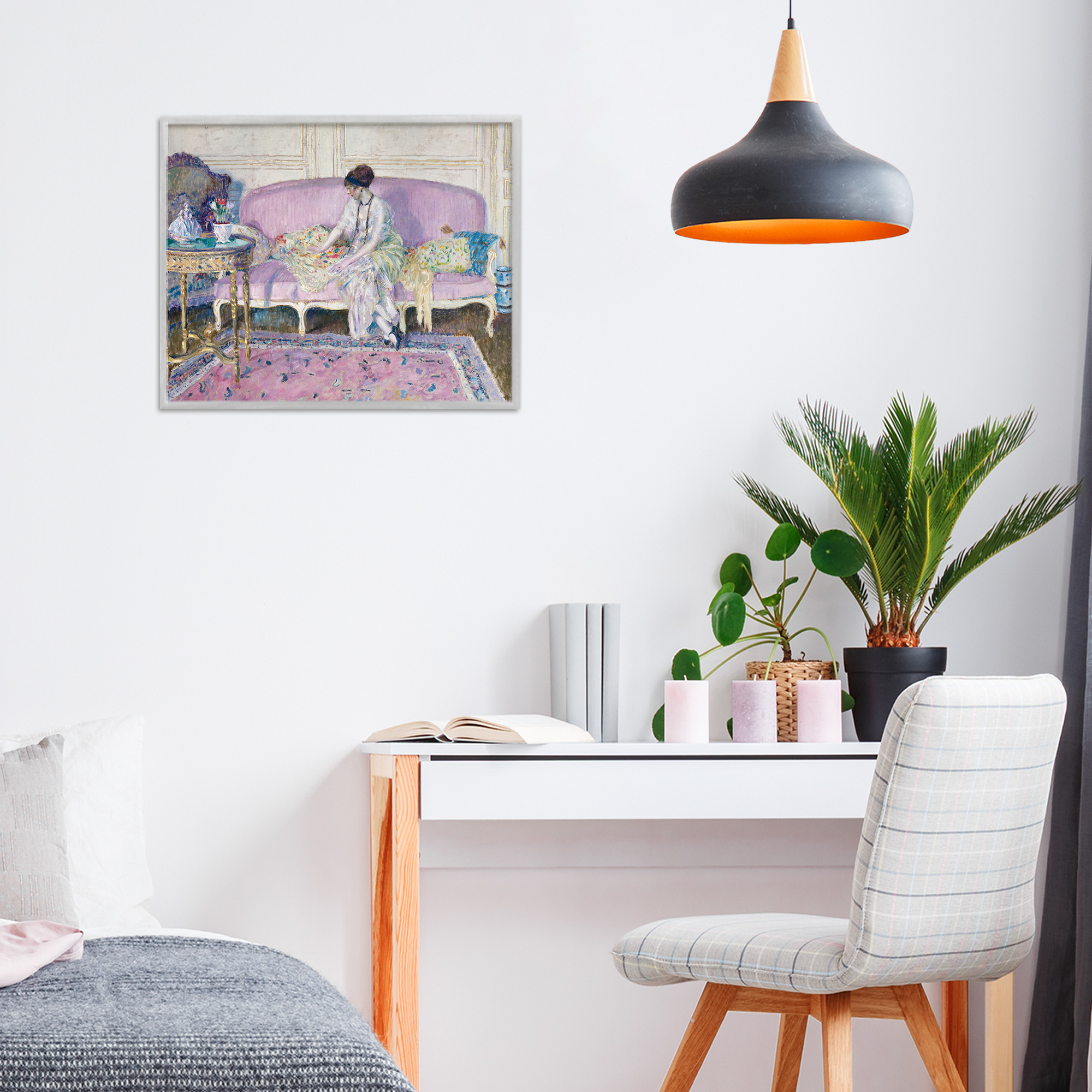 Woman Seated on Sofa Gray Framed Giclee Art, design by Wild Apple Portfolio